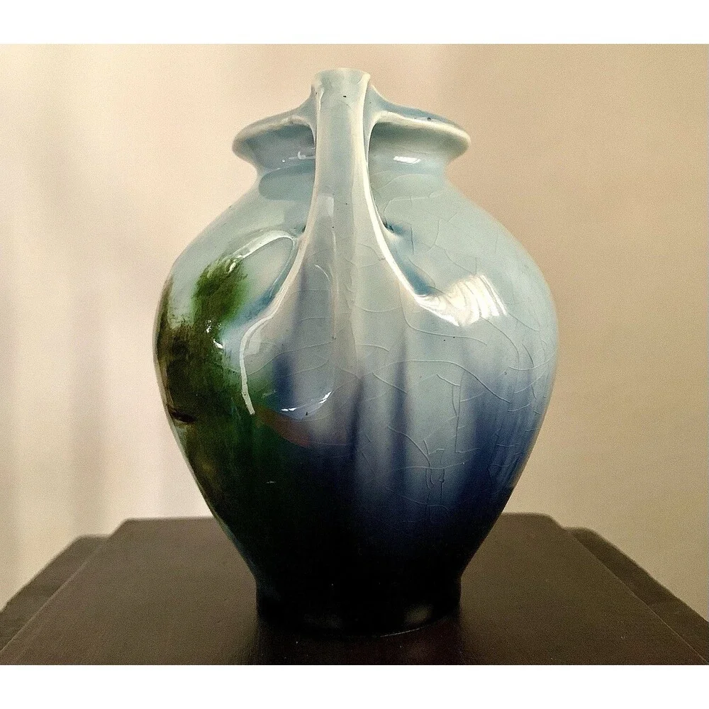 Antique Hand Painted Twin Handled Urn Vase English Cottage Landscape Ceramic 4